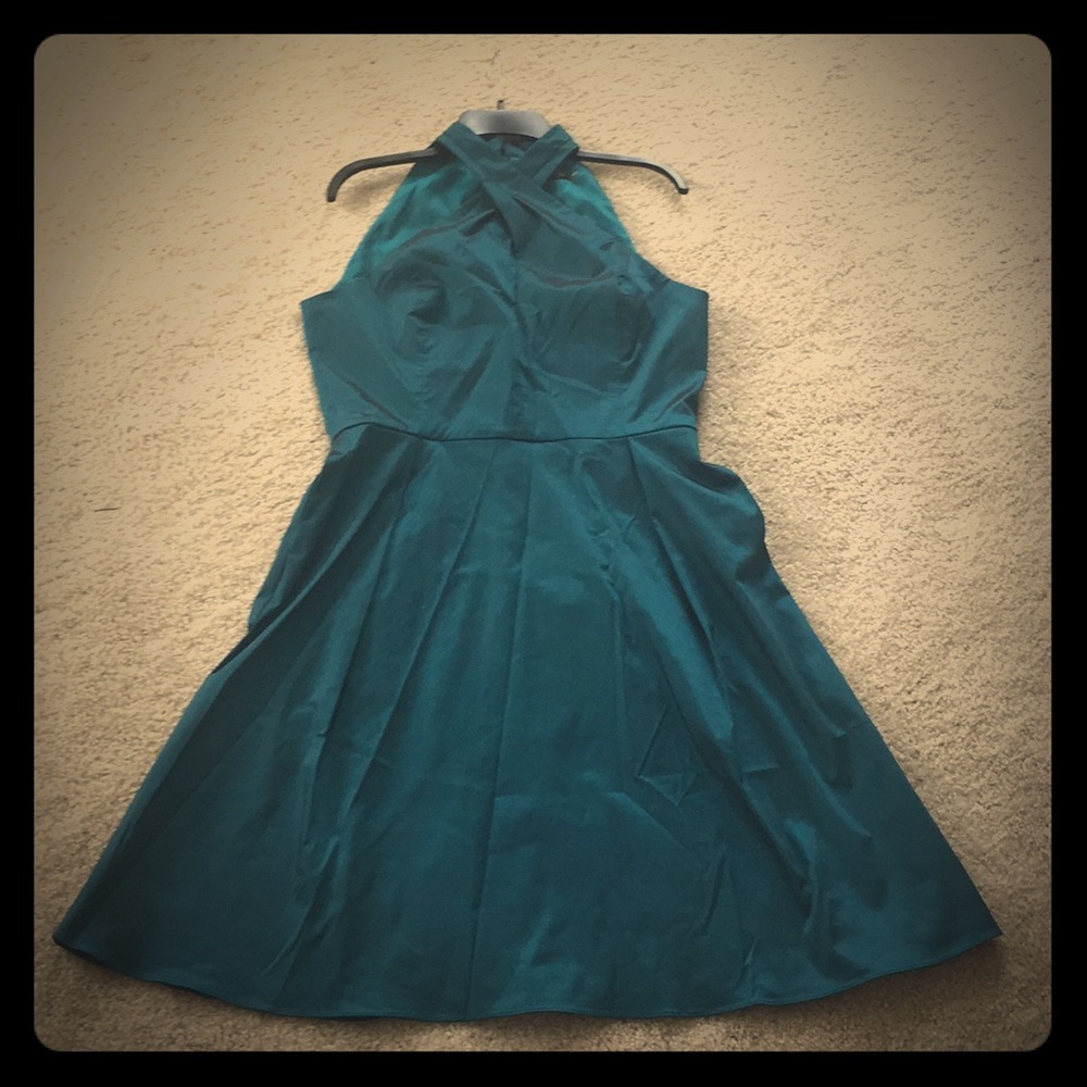 Taffeta teal dress, cross straps, keyhole front
